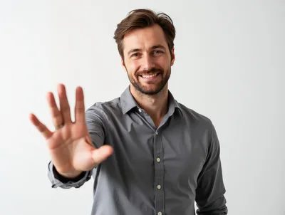 Smiling Man Reaching Out With Open Hand