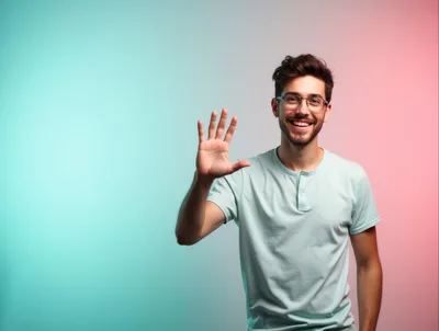 Young Man Waving Hand Against Colorful Background