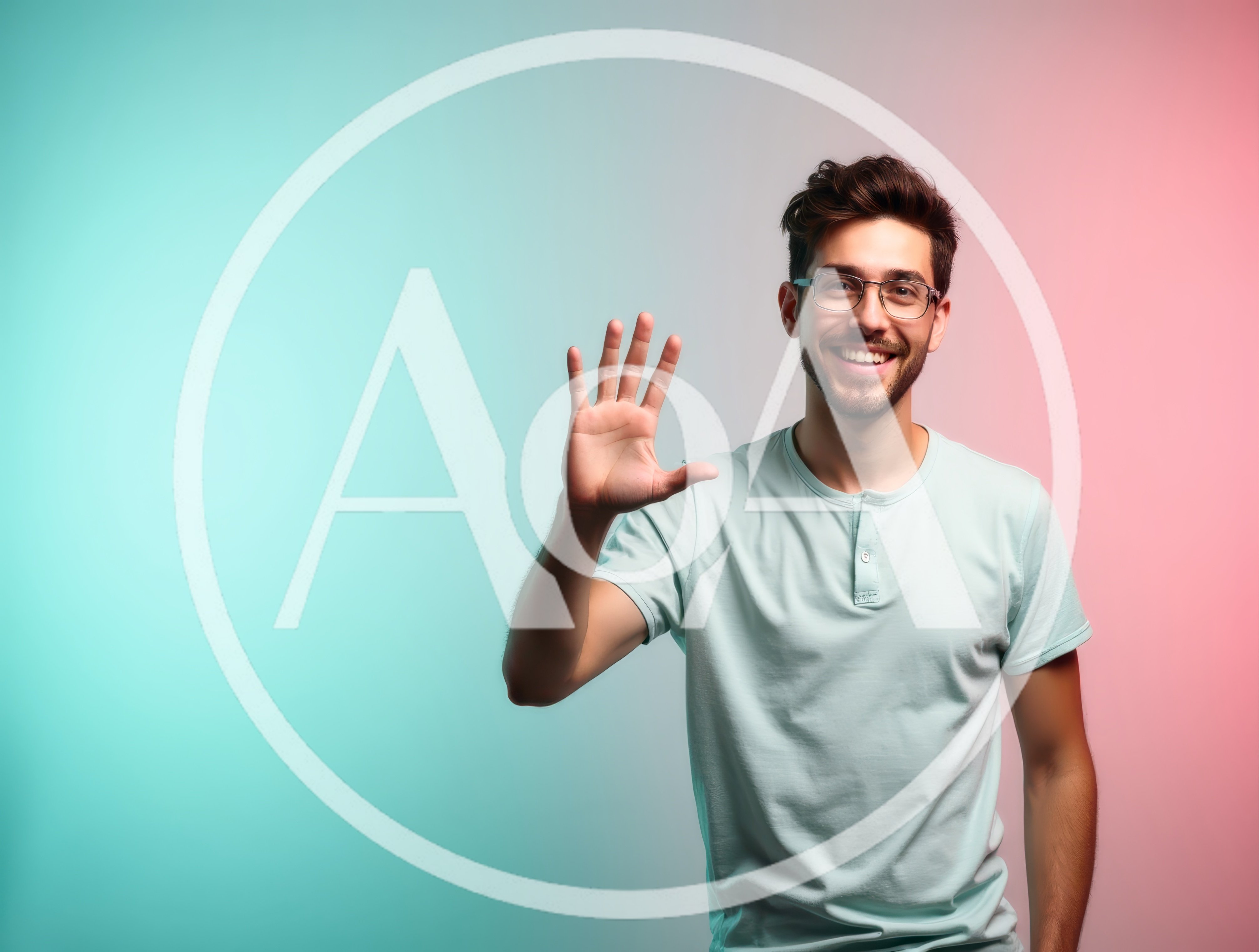 Young Man Waving Hand Against Colorful Background
