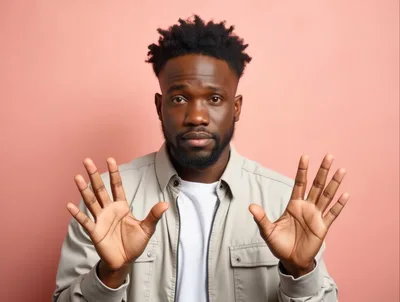 Young Black Man Holding Up Both Hands