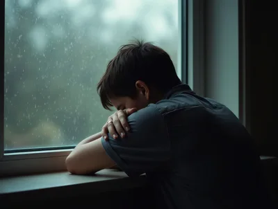Sad Young Man Leaning Against Window During Rain