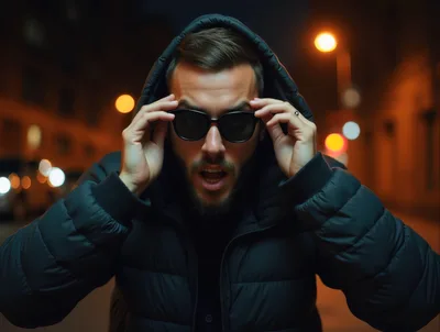 Man In Hooded Jacket Adjusting Sunglasses At Night