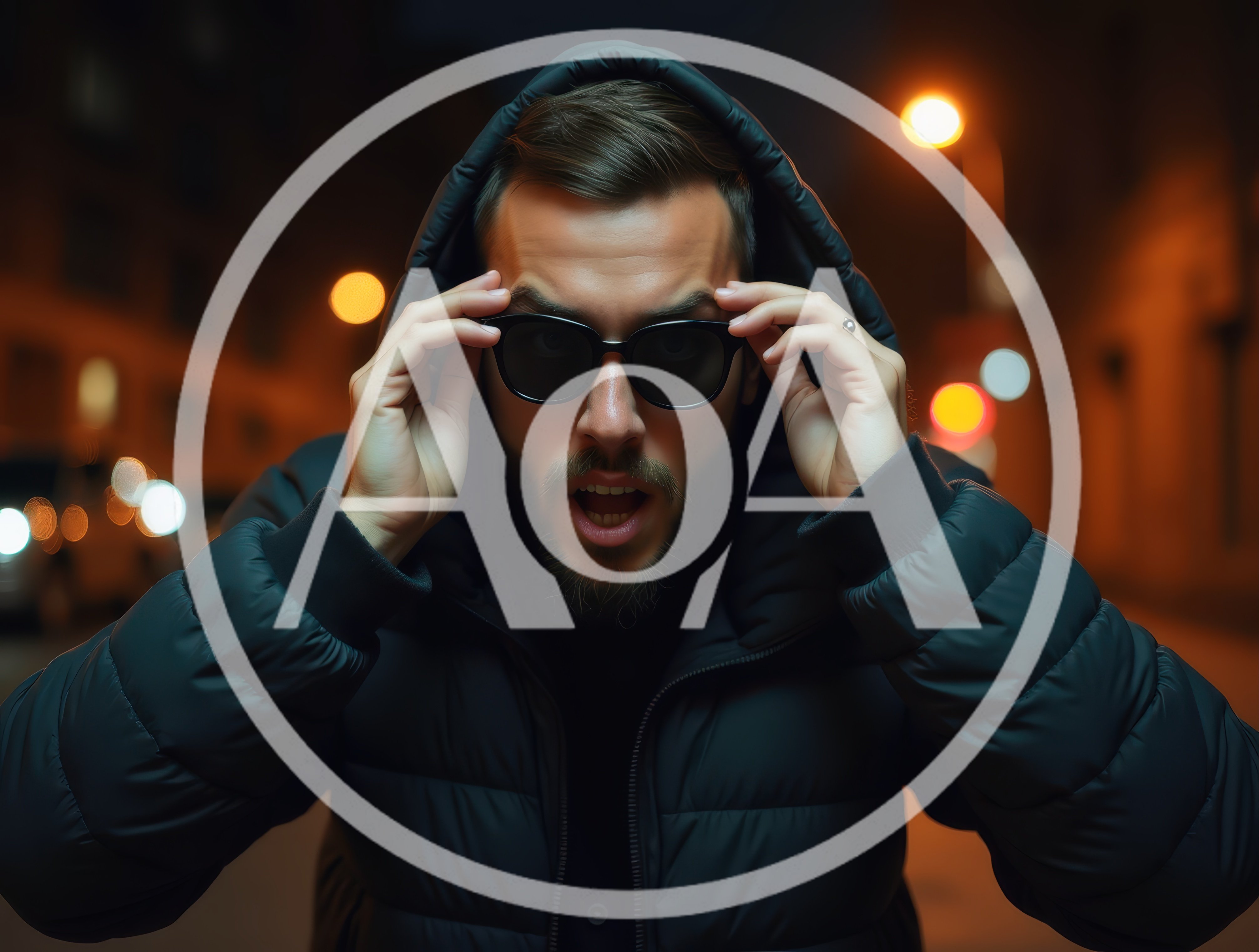 Man In Hooded Jacket Adjusting Sunglasses At Night