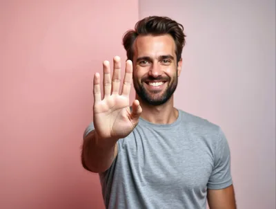 Smiling Man Holding Up Hand In Stop Gesture
