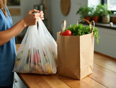 Person Holding Plastic Bag Next To Paper Grocery Bag