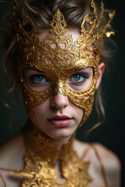 Portrait Of A Woman Wearing An Ornate Gold Mask