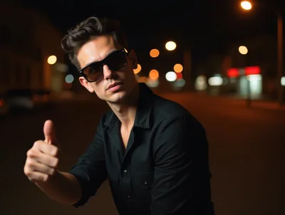 Stylish Young Man Giving Thumbs Up At Night