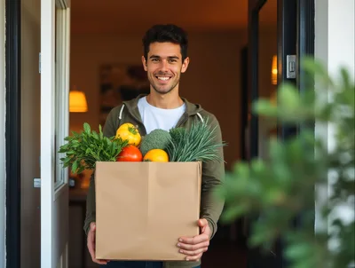 Smiling Delivery Man Holding Grocery Bag at Doorway