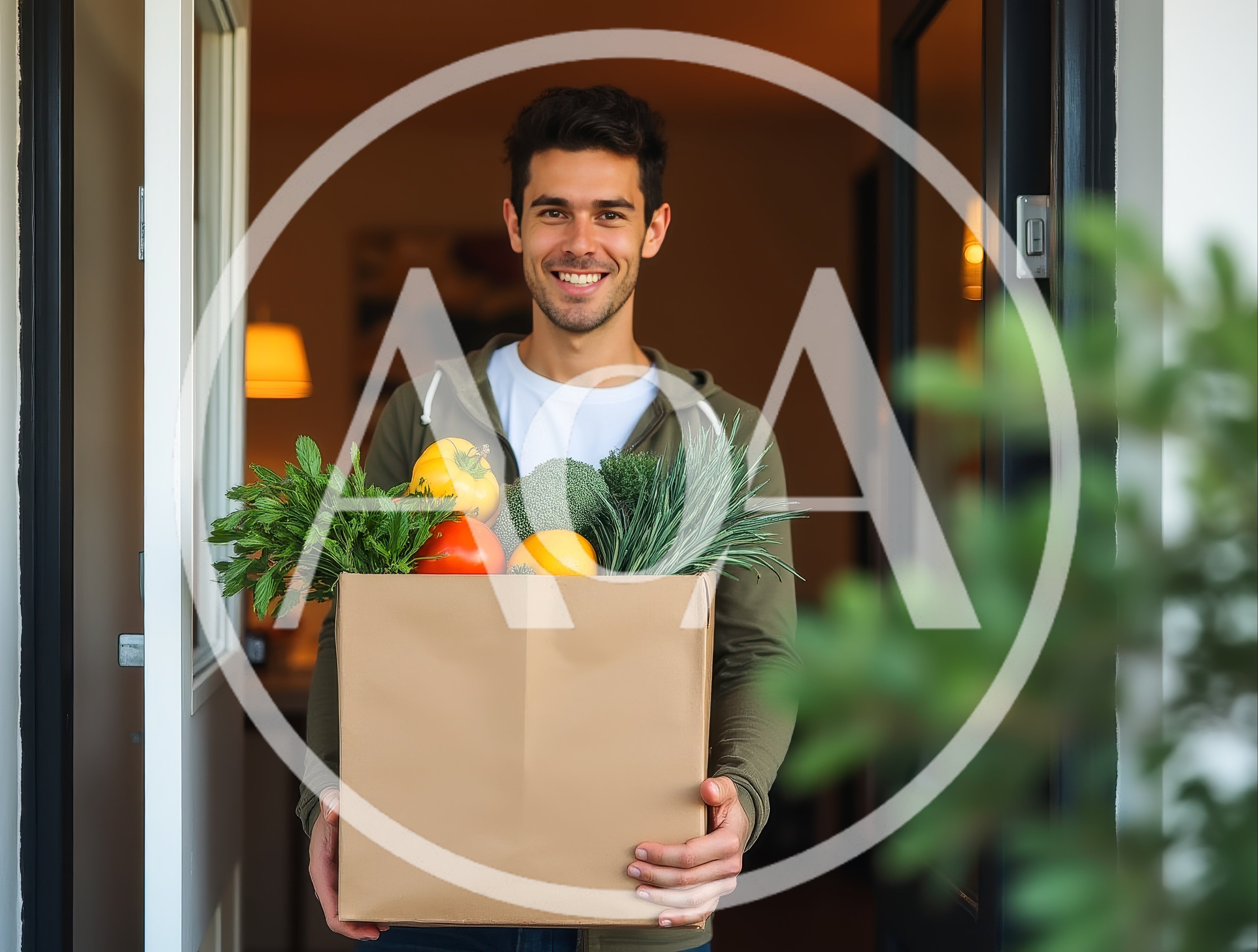 Smiling Delivery Man Holding Grocery Bag at Doorway