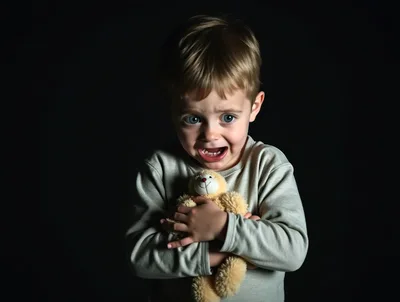 Scared Young Boy Holding A Teddy Bear