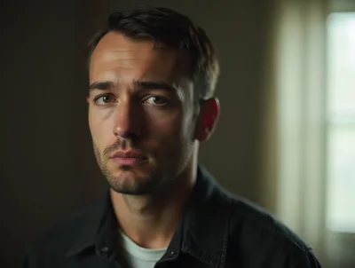 Portrait Of A Serious Young Man In Dim Lighting