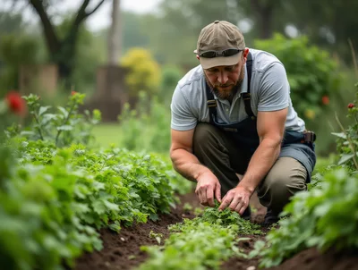 Bearded Gardener Tending To Young Plants In Soil
