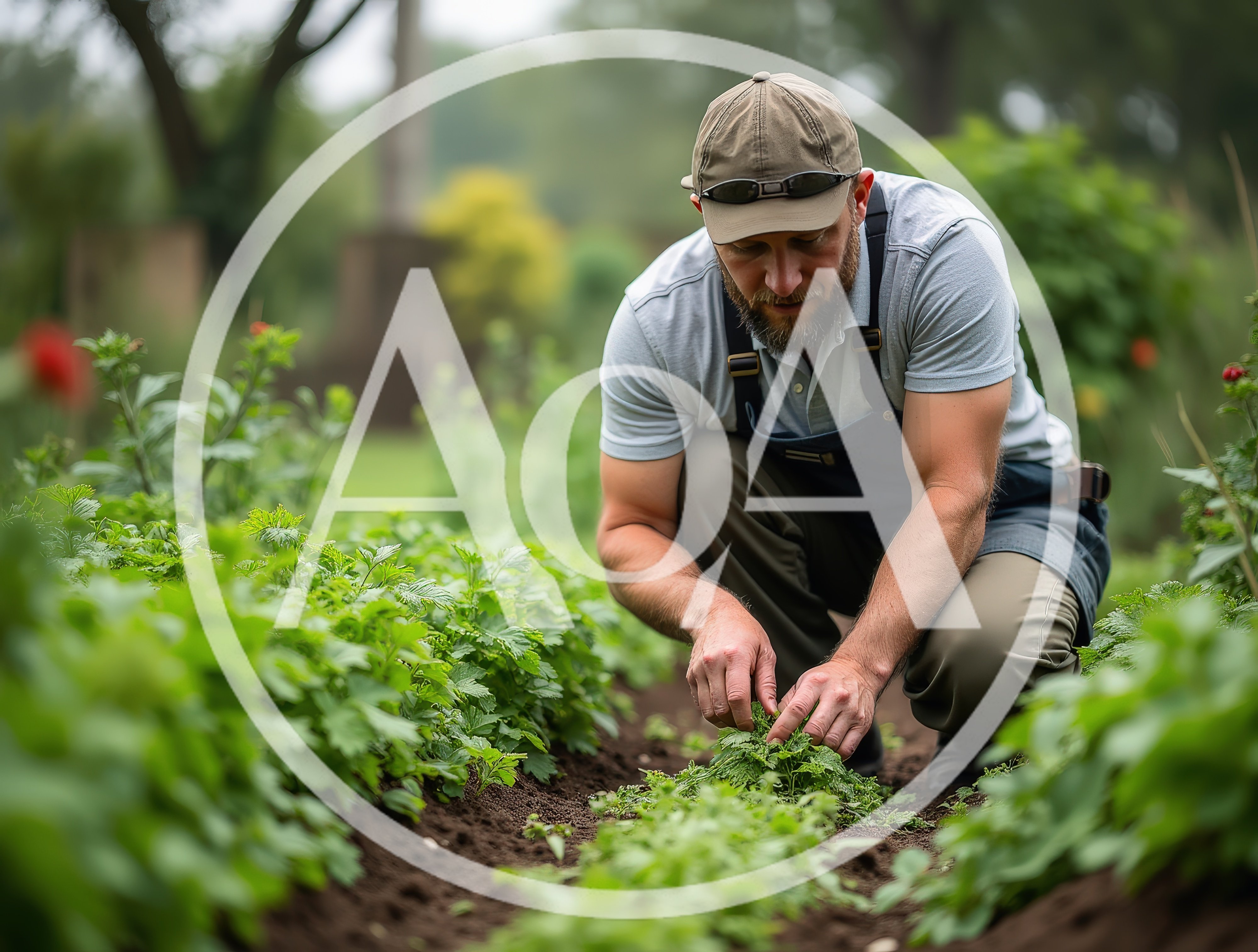 Bearded Gardener Tending To Young Plants In Soil