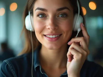 Young Woman Wearing White Headphones Smiling At Camera