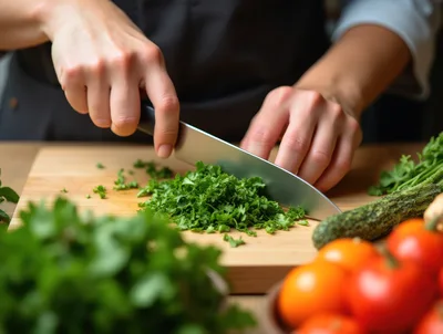 Chef Chopping Fresh Cilantro On A Wooden Cutting Board