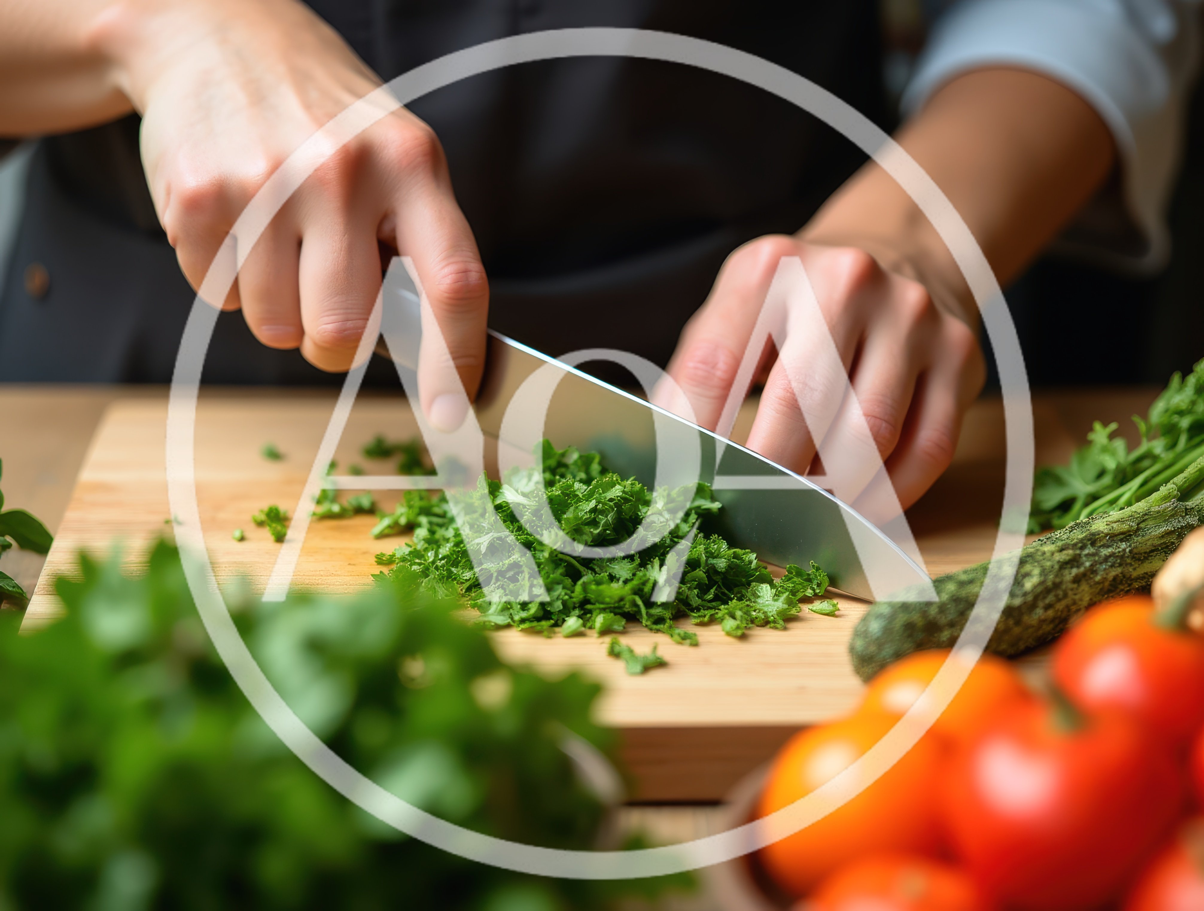 Chef Chopping Fresh Cilantro On A Wooden Cutting Board