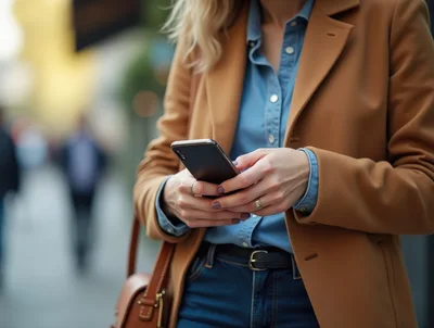 Woman Using Smartphone While Walking Outdoors