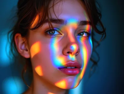 Portrait Of A Young Woman With Rainbow Light Reflections