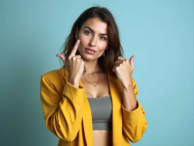 Young Woman Pointing To Her Face In Studio