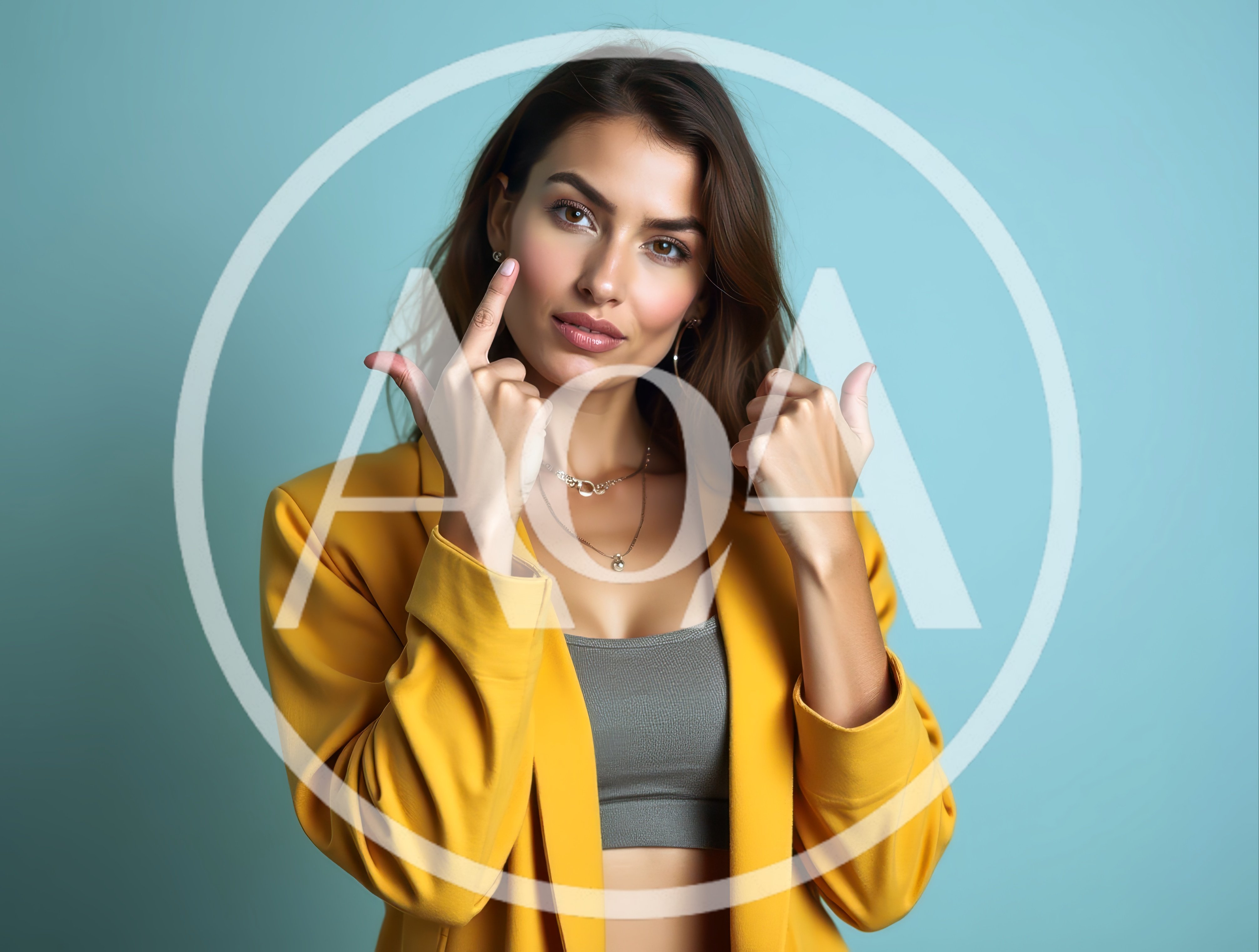 Young Woman Pointing To Her Face In Studio