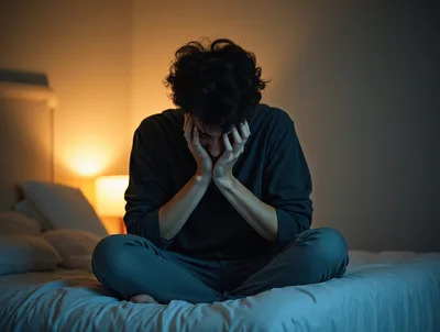 Stressed Young Man Sitting On Bed In Dark Room