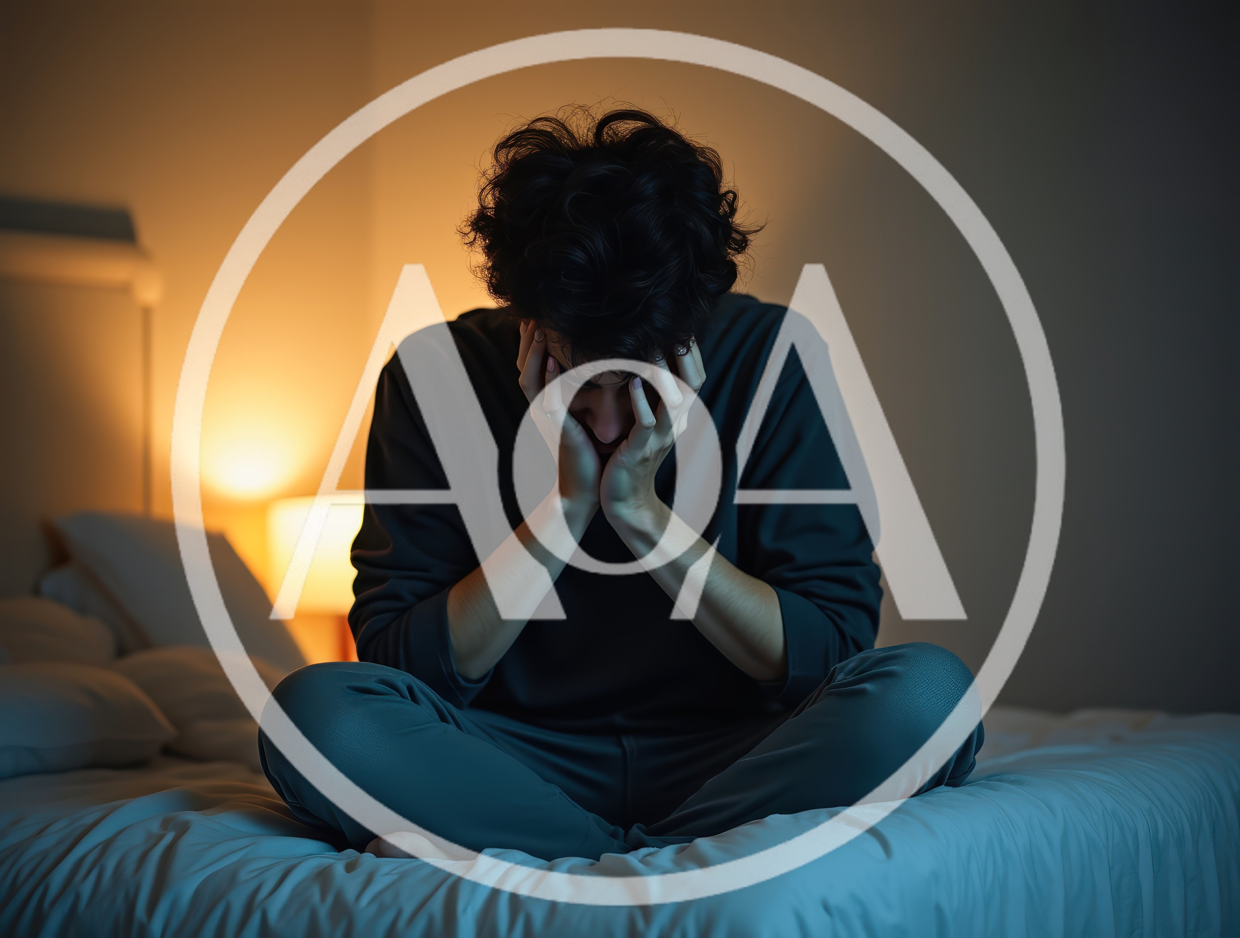 Stressed Young Man Sitting On Bed In Dark Room