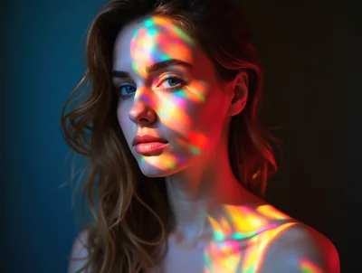 Portrait Of A Woman With Colorful Prism Light Reflections