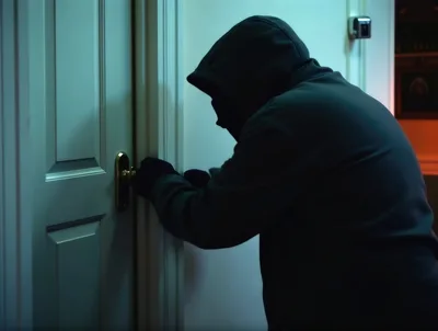 Burglar Wearing Hoodie Trying To Pick A Door Lock