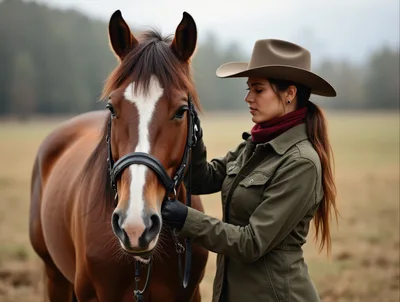 Young Woman Bonding With Her Horse In A Field