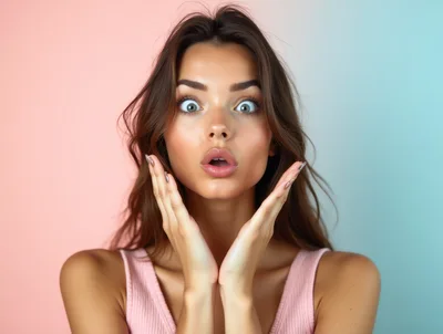 Surprised Young Woman With Hands On Cheeks