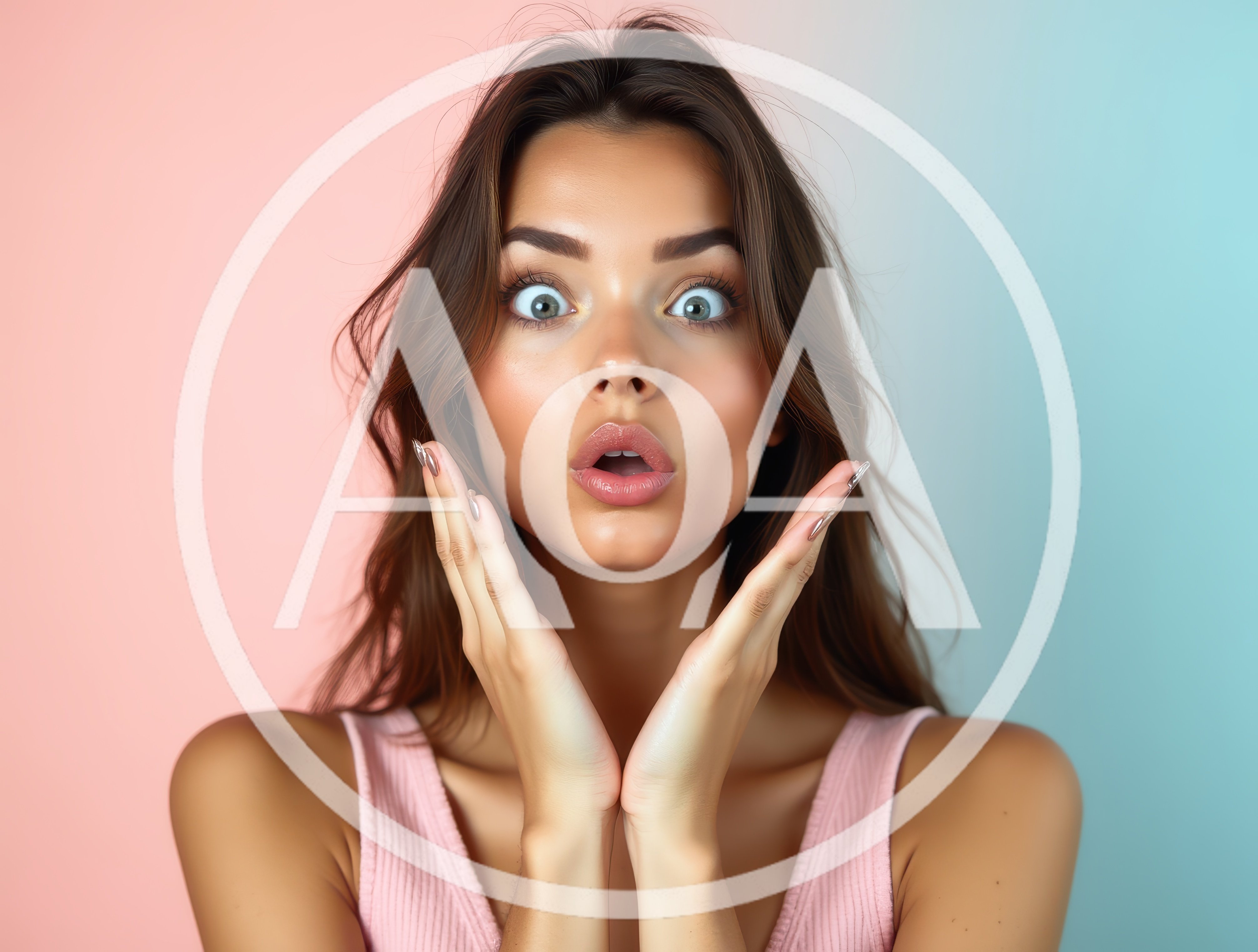 Surprised Young Woman With Hands On Cheeks