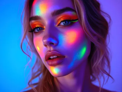 Portrait Of A Woman With Neon Rainbow Makeup