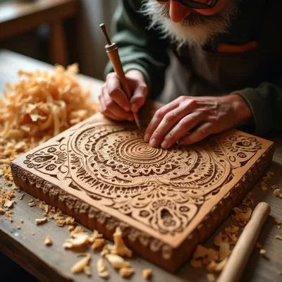 Artisan Woodworker Carving Intricate Mandala Design