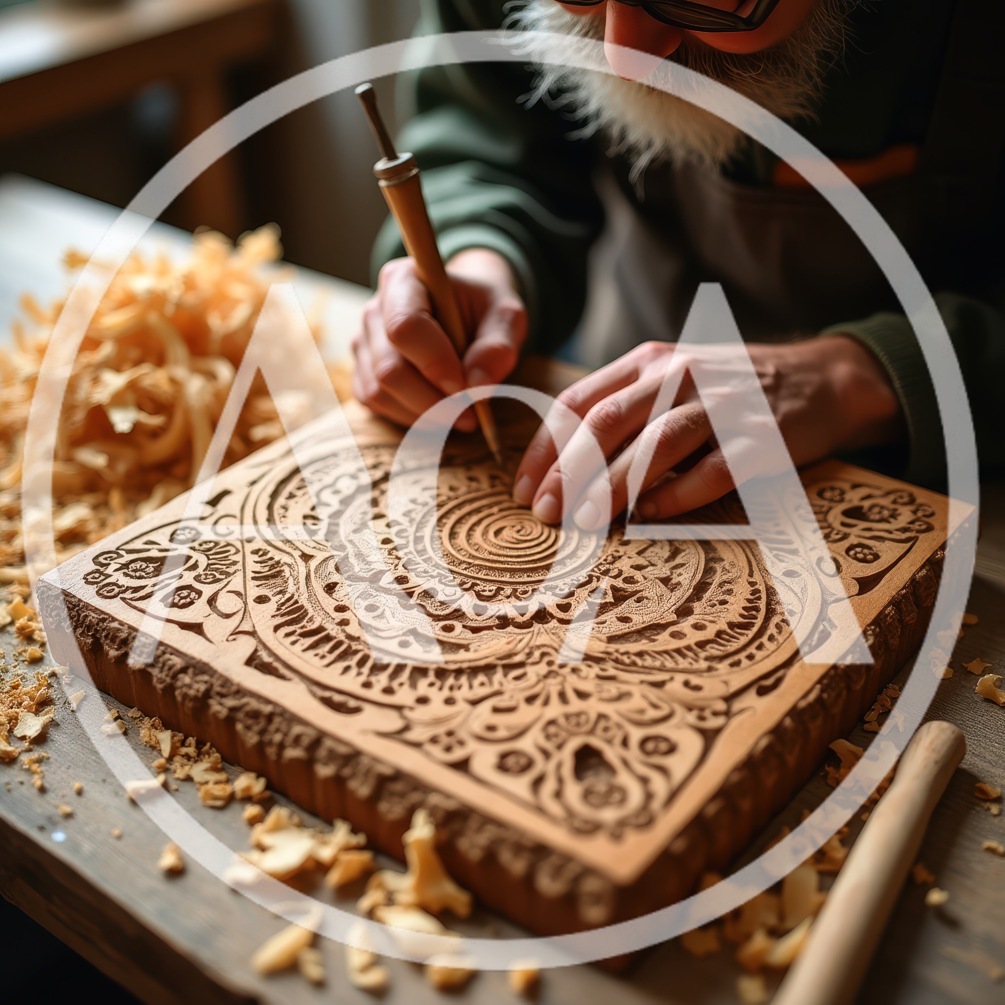 Artisan Woodworker Carving Intricate Mandala Design