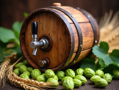 Wooden Beer Barrel With Hops And Barley