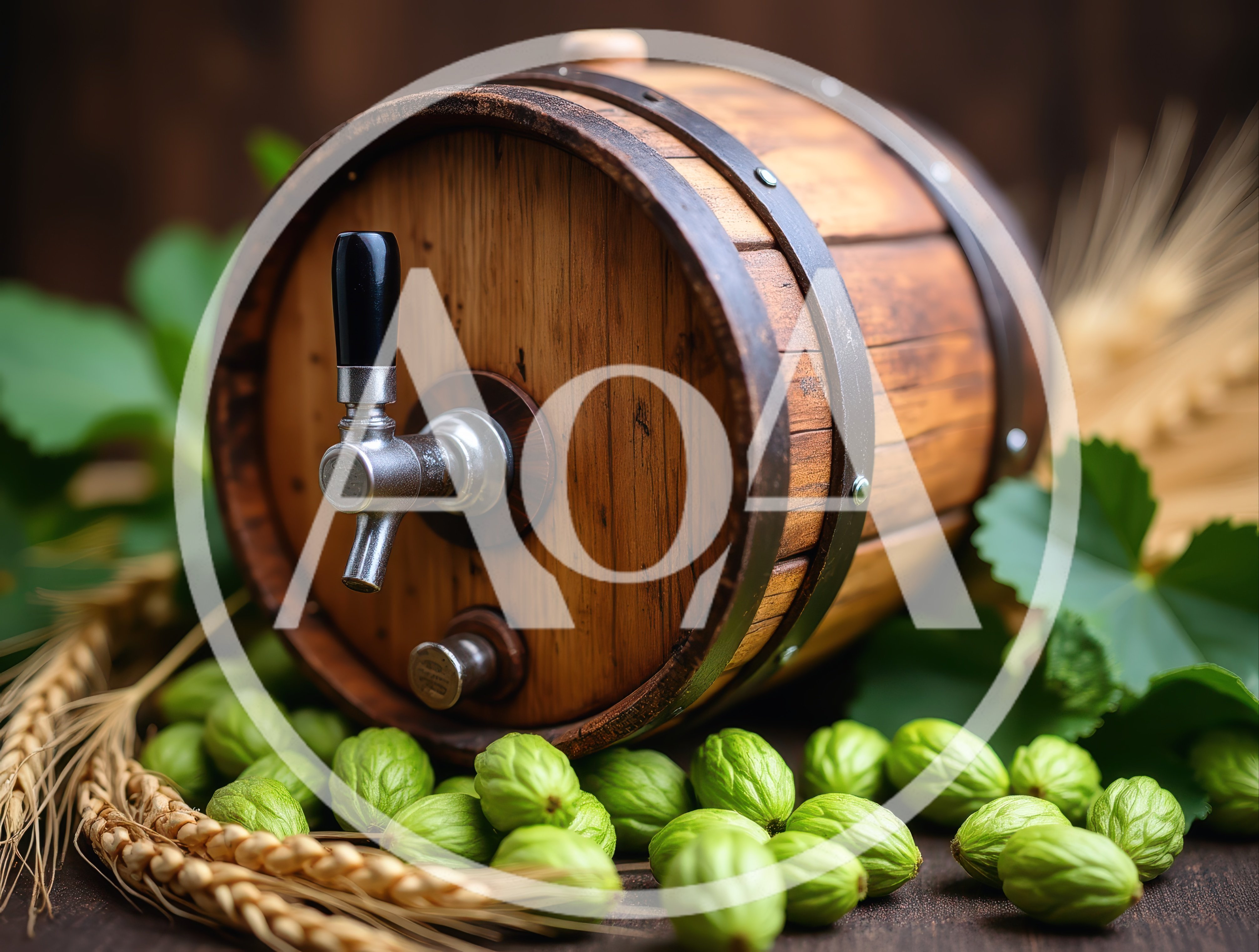 Wooden Beer Barrel With Hops And Barley