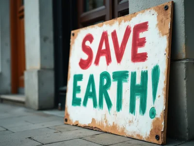 Hand Painted Save Earth Sign On Sidewalk