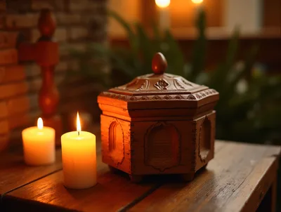 Ornate Wooden Box With Lit Candles On Wooden Table