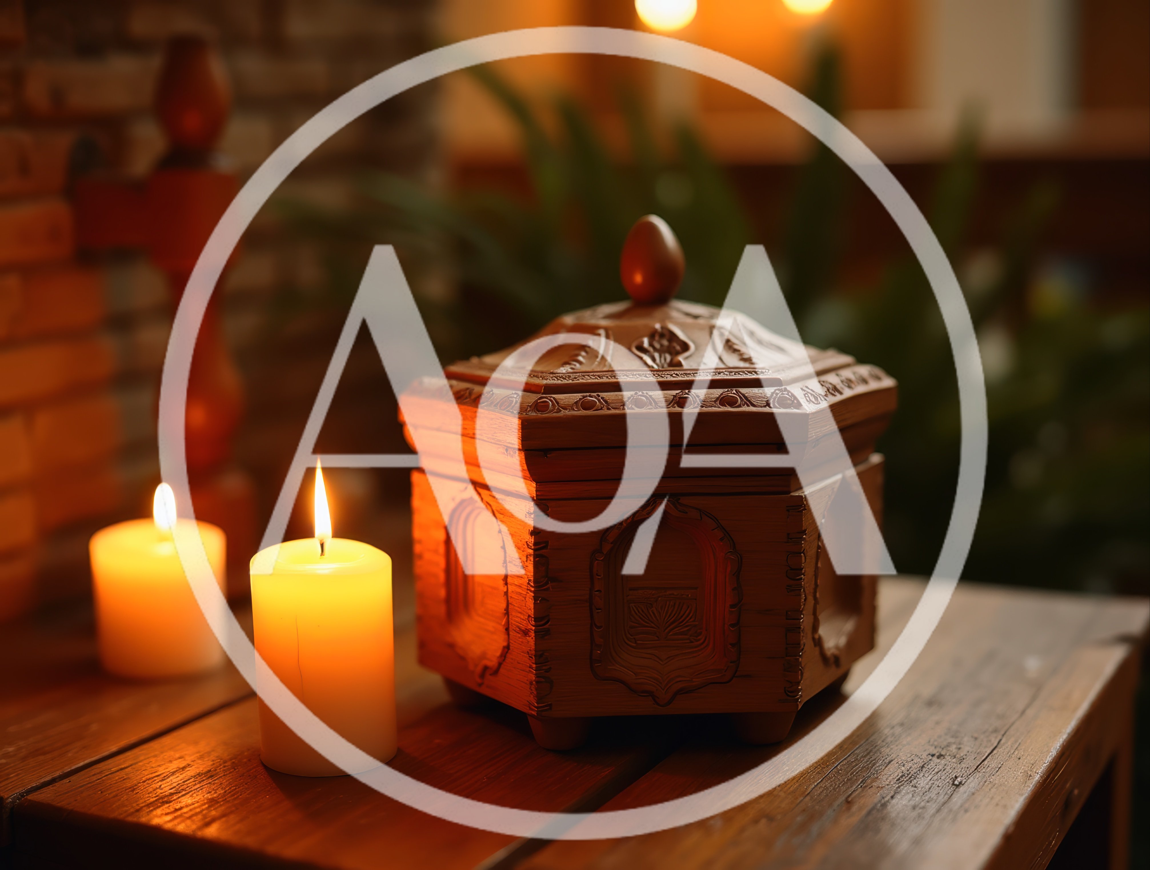 Ornate Wooden Box With Lit Candles On Wooden Table
