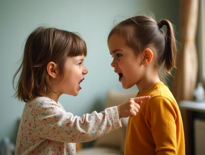 Two Young Girls Arguing and Pointing Fingers