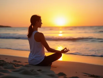 Woman Meditating In Lotus Pose On Beach At Sunset