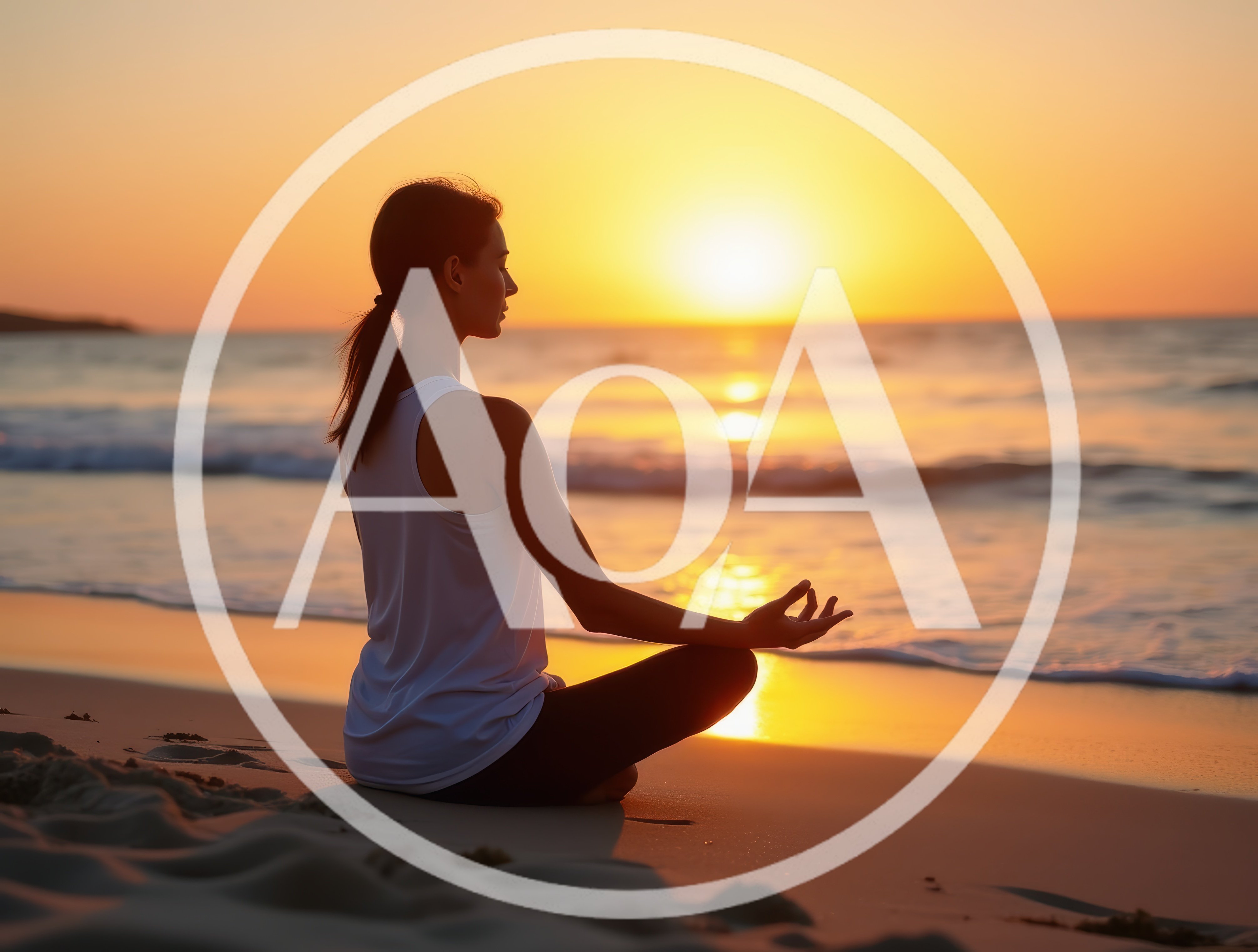 Woman Meditating In Lotus Pose On Beach At Sunset