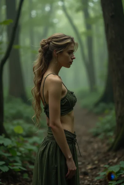 Young Woman Standing In A Misty Forest