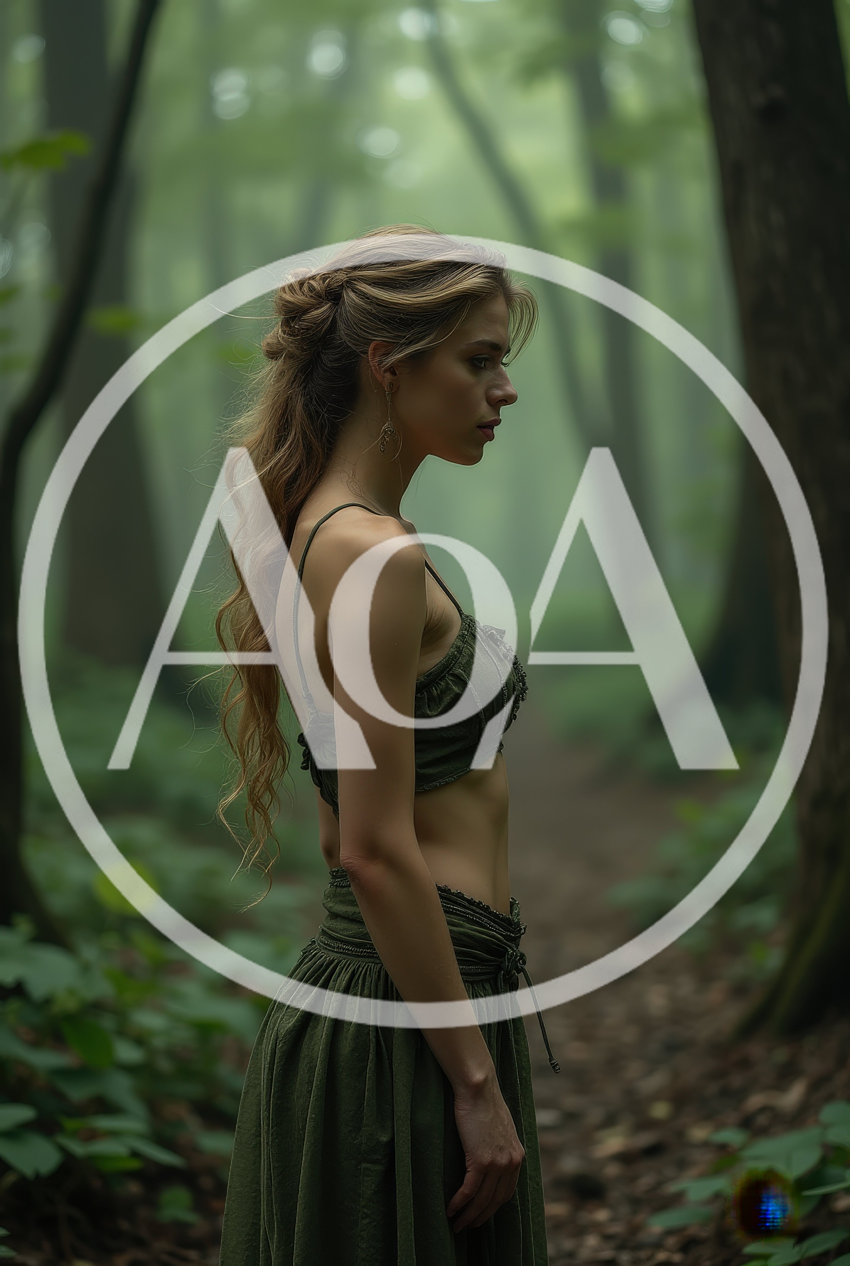 Young Woman Standing In A Misty Forest