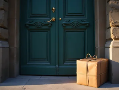 Gift Box Placed Before A Classic Green Door