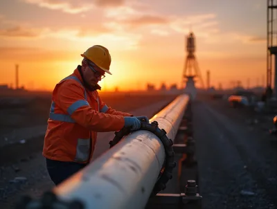 Engineer Inspecting Industrial Pipeline At Sunset