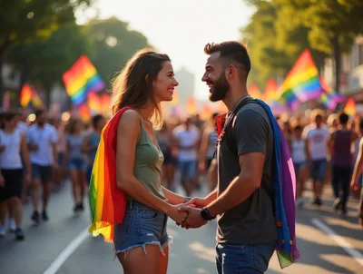 Young Couple Holding Hands at Pride Parade