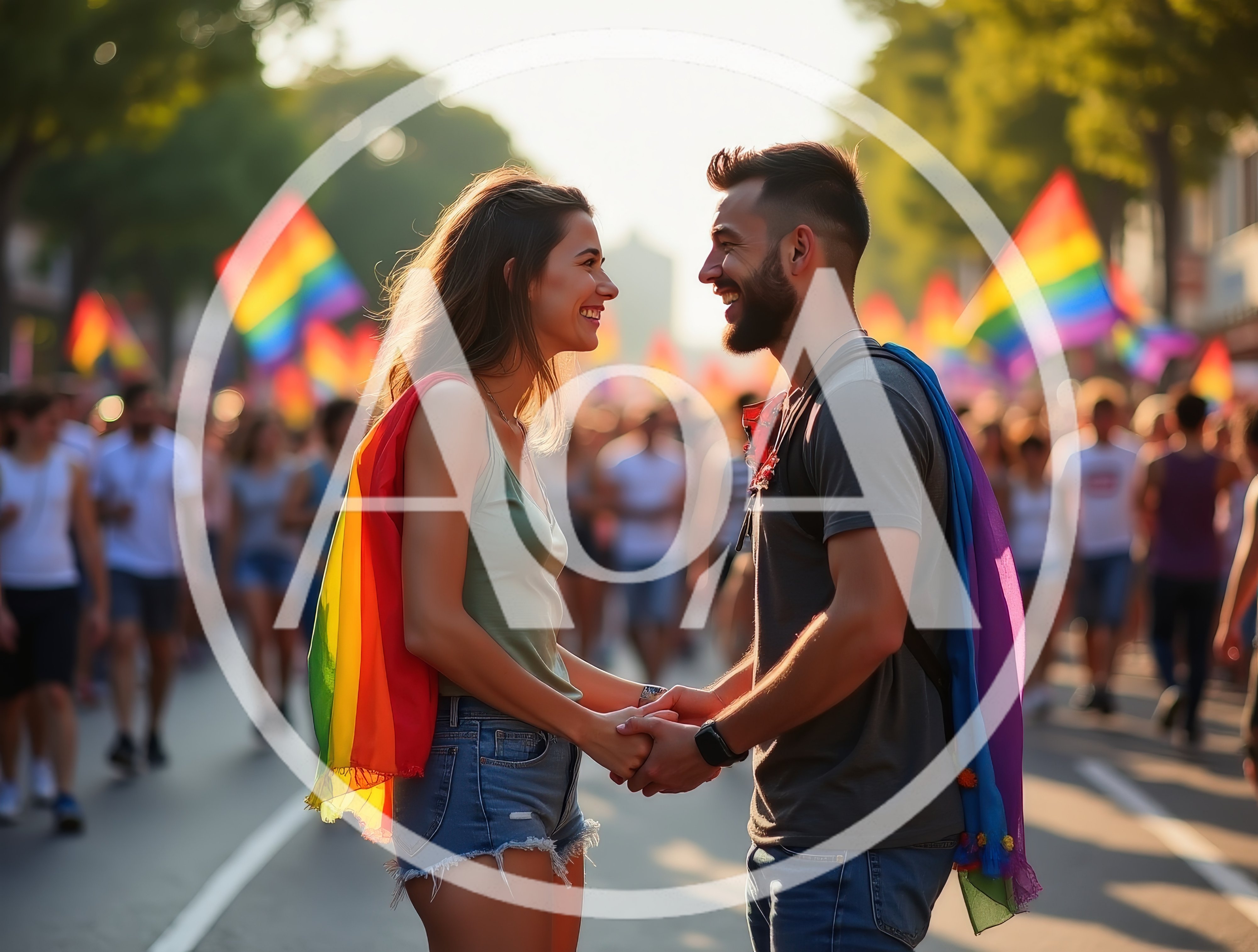 Young Couple Holding Hands at Pride Parade