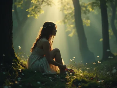 Young Woman Sitting Under Tree In Enchanted Forest