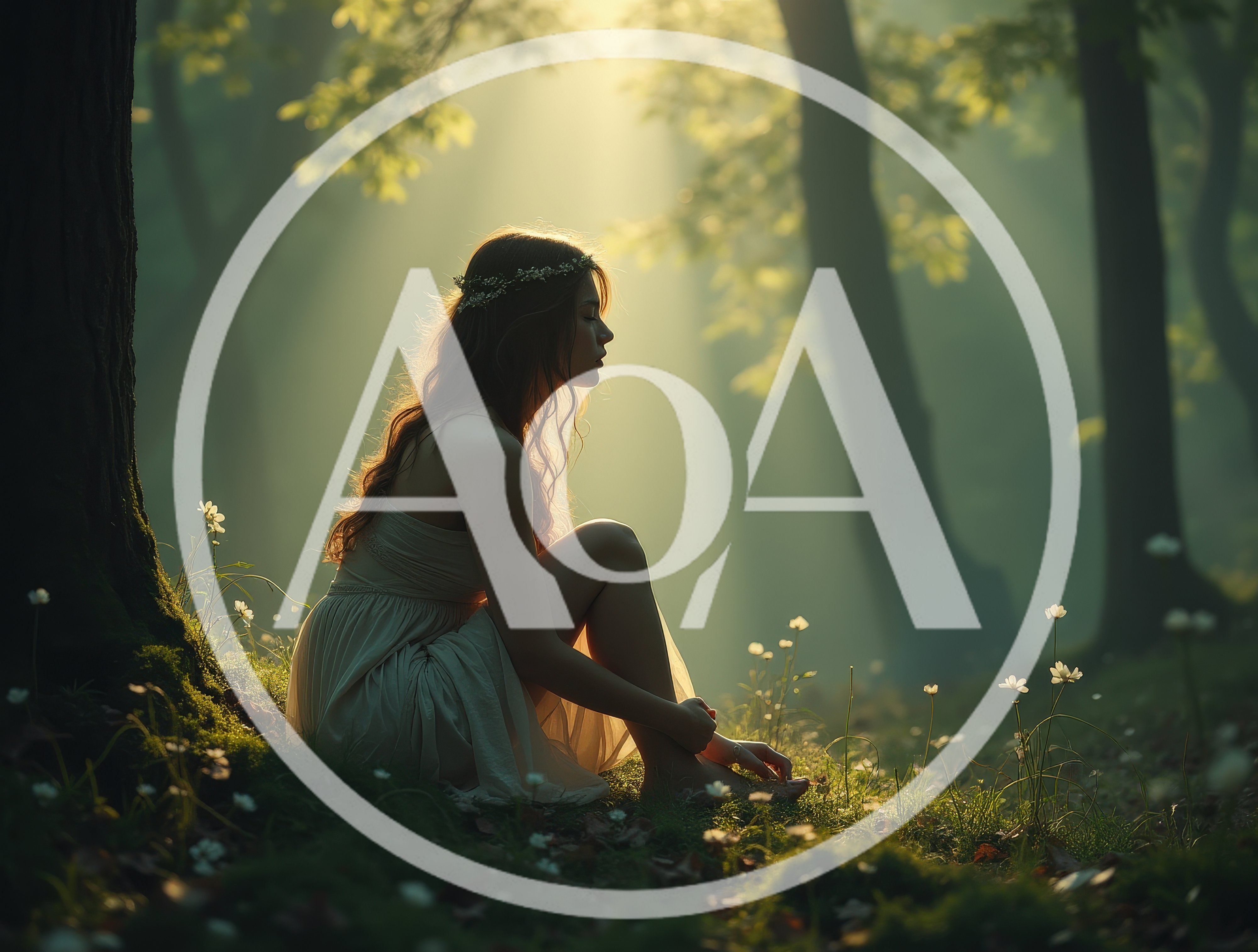 Young Woman Sitting Under Tree In Enchanted Forest